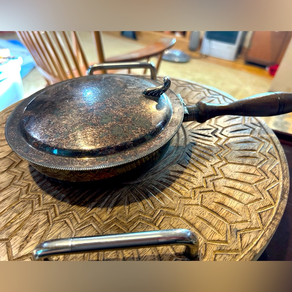 Vintage Butlers crumb catcher pan with wooden handle.